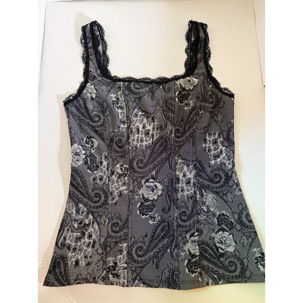 White House Black Market Lace Corset Cami Y2K Floral Black Gray XS Whimsigoth